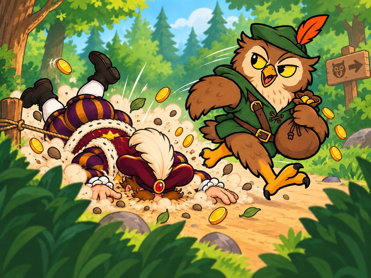 Robin escaping after a nobleman falls into his trap