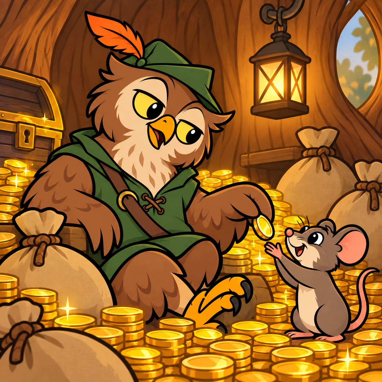 Robin giving a coin to a mouse